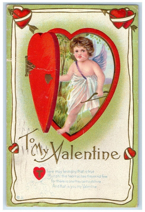 1912 Valentine Heart Cupid Angel Embossed Nash Kenton Ohio OH Embossed Postcard