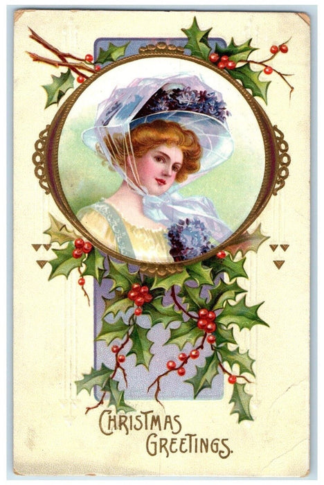 1909 Christmas Greetings Pretty Woman Floral Hat Berries Memphis TN Postcard