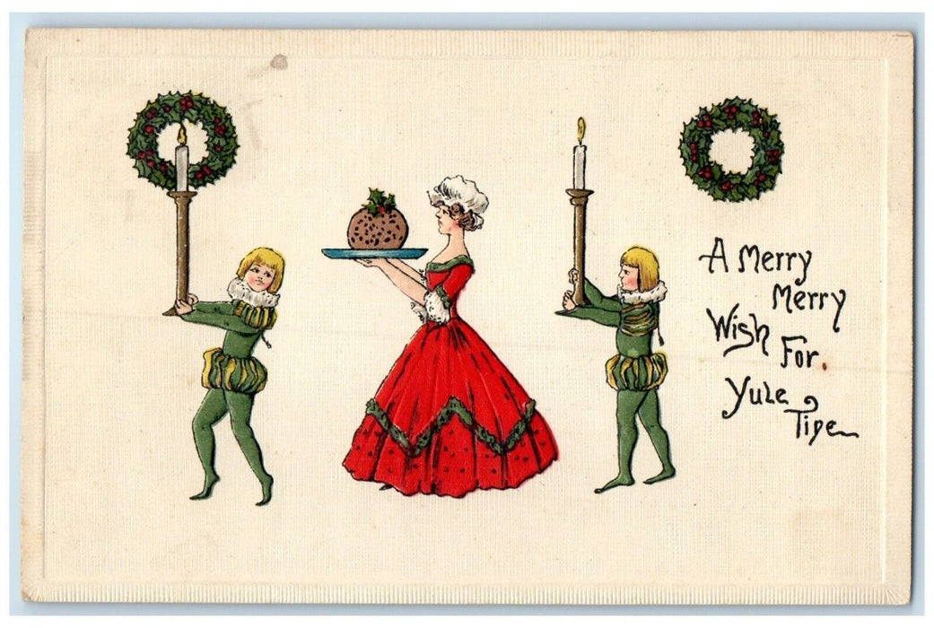 c1910's Christmas Woman Pie Children Candle Whreat Transit Clerk Posted Postcard