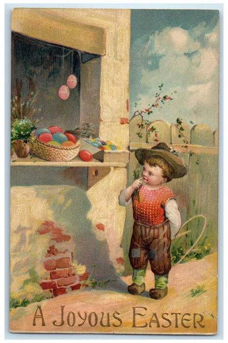 c1910's Easter Dutch Boy Hanging Eggs Basket Embossed Posted Antique Postcard