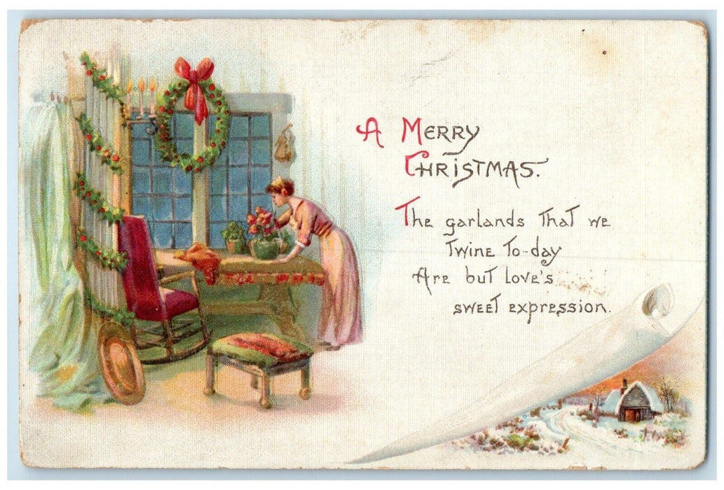 1914 Christmas Woman Garlands Whreat Rocking Chair Benton Ridge OH Postcard