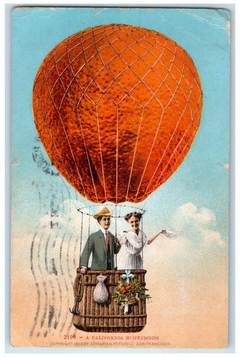 1910 Couple Honeymoon Hot Air Balloon Orange Exaggerated Riverside CA Postcard