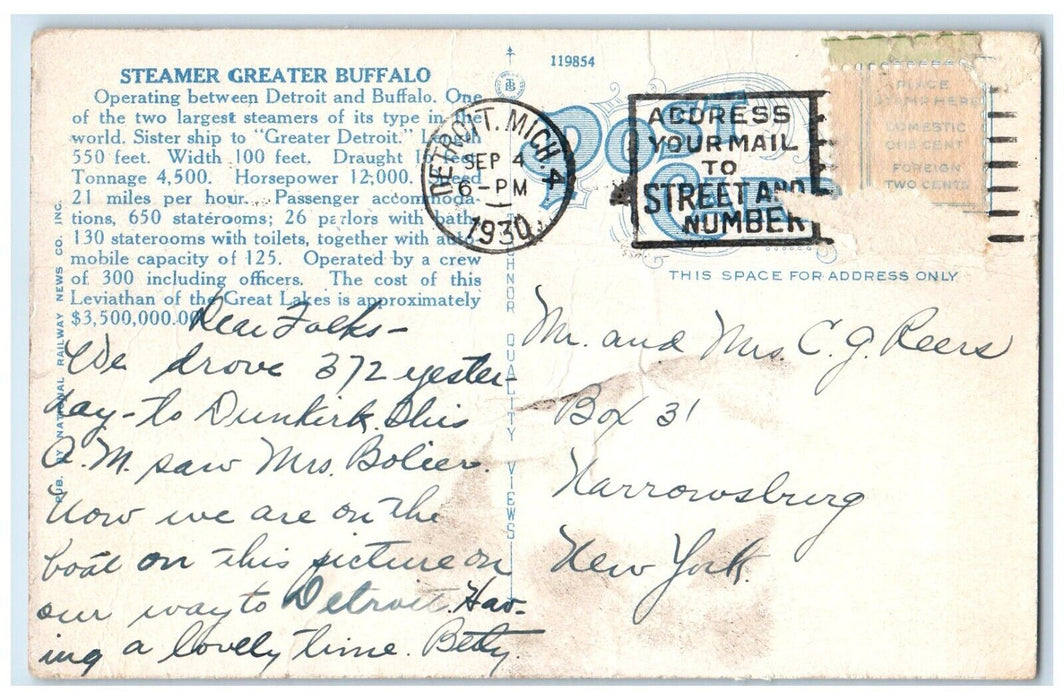 1930 Steamer Greater Buffalo Cruise Detroit Michigan MI Antique Vintage Postcard