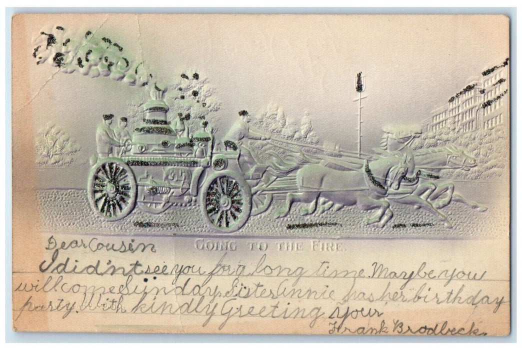 1905 Going To Fire Embossed Horse Carriage Glitter New York City Posted Postcard