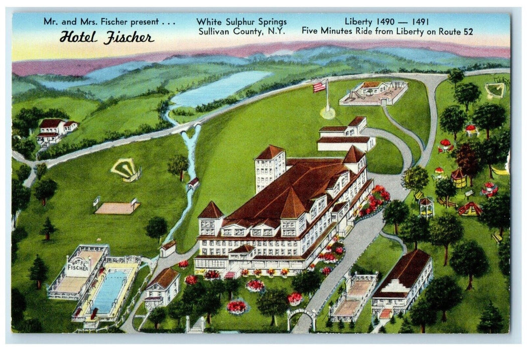 1940 Aerial View Hotel Fischer White Sulphur Springs Sullivan County NY Postcard