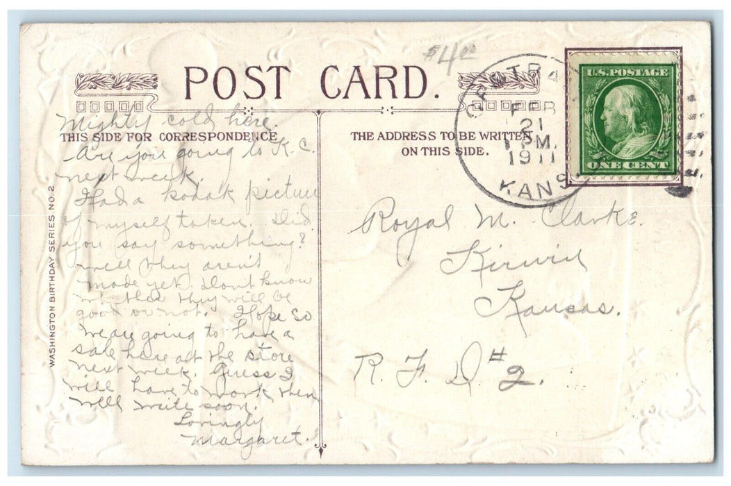 1911 George Washington Patriotic Berries Embossed Kirwin Kansas KS Postcard