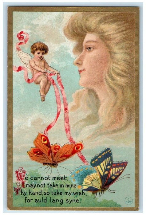 c1910's Pretty Woman Fantasy Surreal Angel Butterflies Embossed Antique Postcard