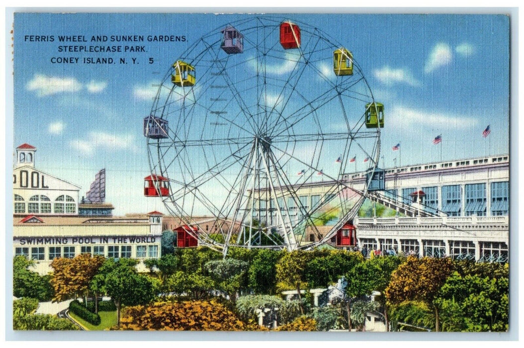 1940 Ferris Wheel Sunken Garden Steeplechase Park Coney Island New York Postcard