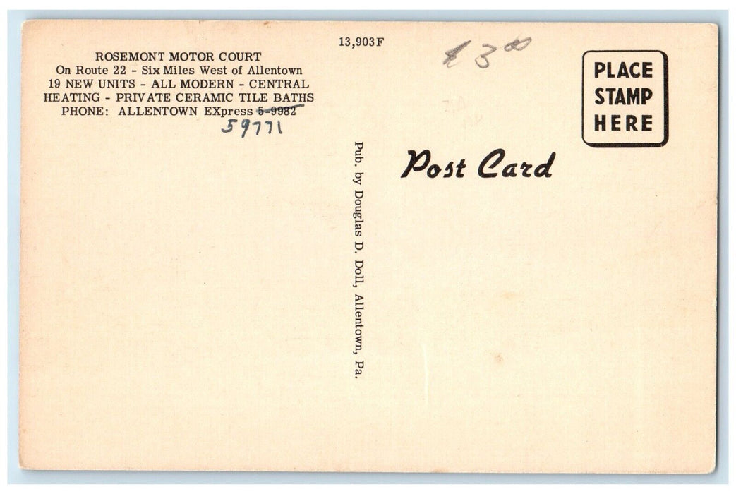 c1950's Rosemont Motor Court Motel Roadside Allentown Pennsylvania PA Postcard