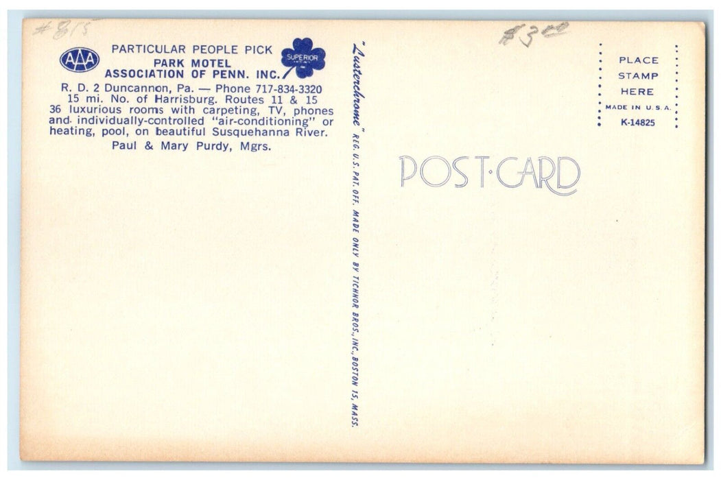 c1950's Park Motel Roadside Car Duncannon Pennsylvania PA Vintage Postcard