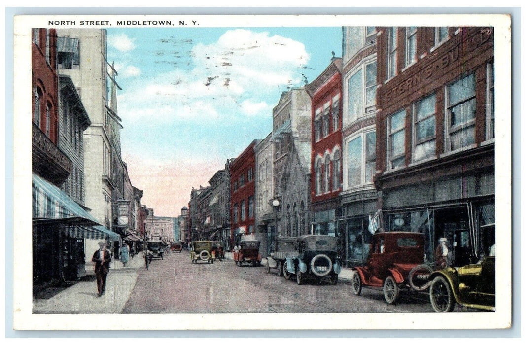 1927 North Street Classic Cars Buildings Middletown New York NY Antique Postcard