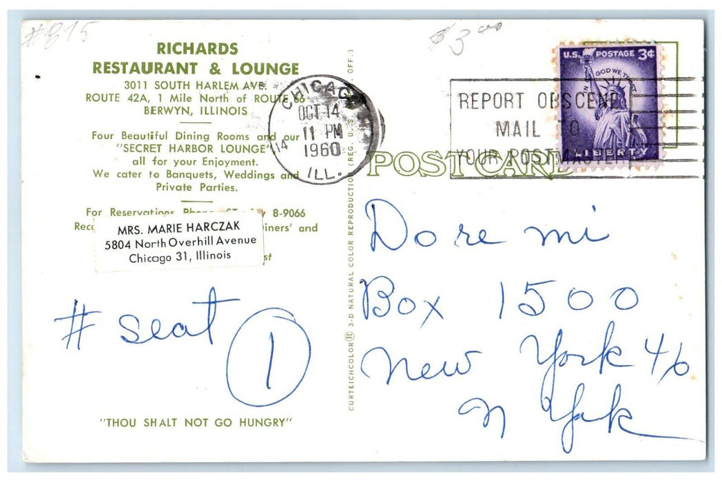 1960 Richards Restaurant & Lounge Berwyn Illinois IL Dual View Vintage Postcard