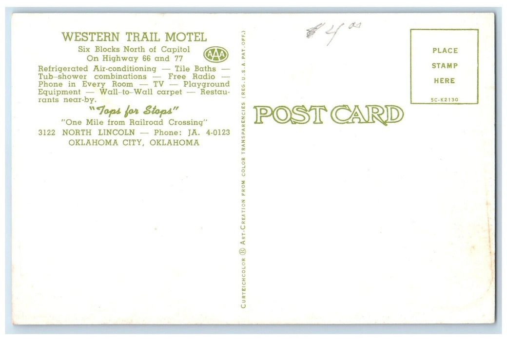 c1950's Western Trail Motel Roadside Car Oklahoma City Oklahoma OK Postcard