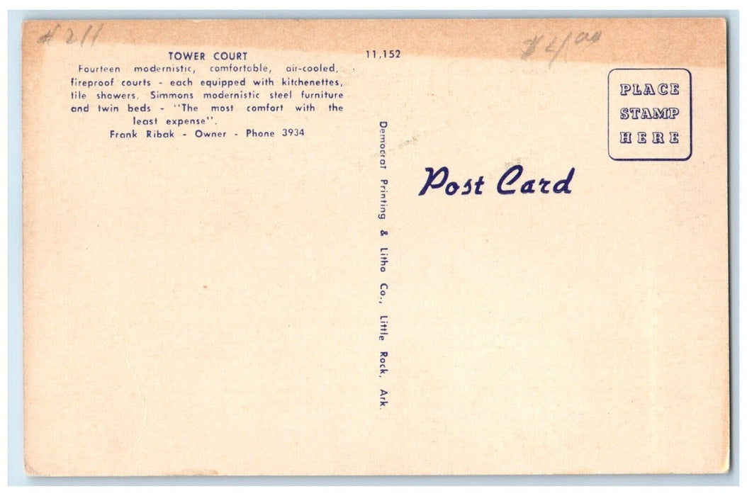c1950's Tower Courts Motel Hot Springs National Park Arkansas AR Postcard