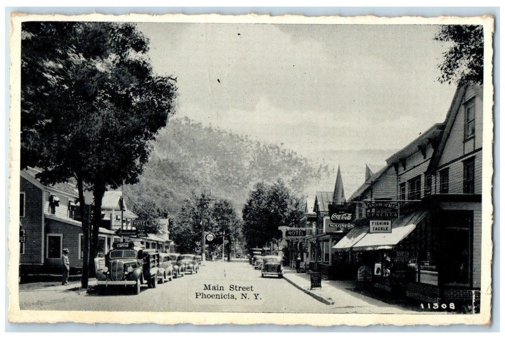 1940 Busy Day Main Street Classic Cars Phoenicia New York Linen Posted Postcard
