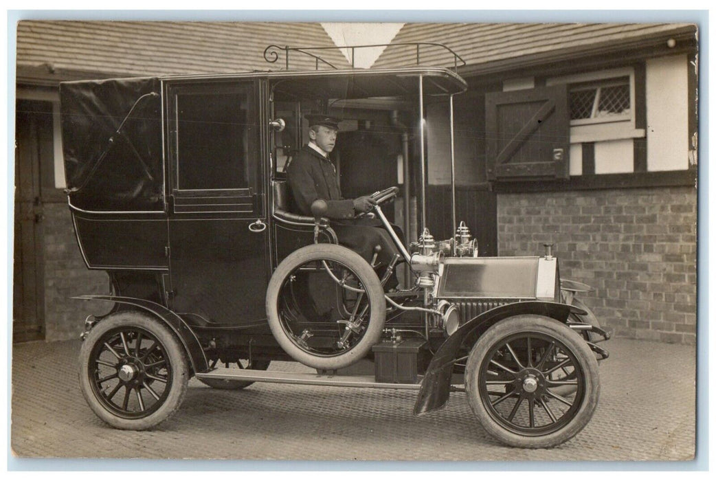 Man Driving Era Car Antique Brass England United Kingdom RPPC Photo Postcard