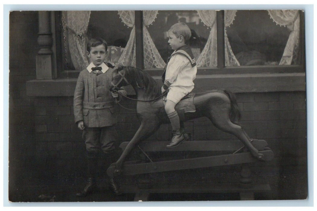 c1910s Little Boy Riding Horse Toy England United Kingdom UK RPPC Photo Postcard