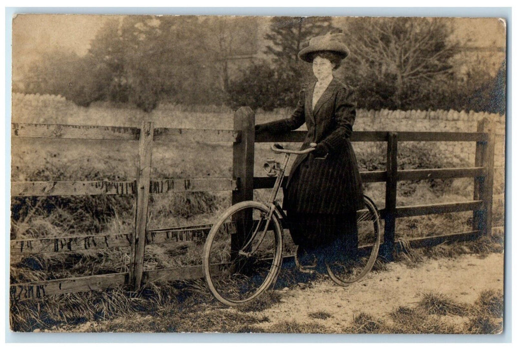 c1910's Woman Bicycle Fence England United Kingdom UK RPPC Photo Postcard