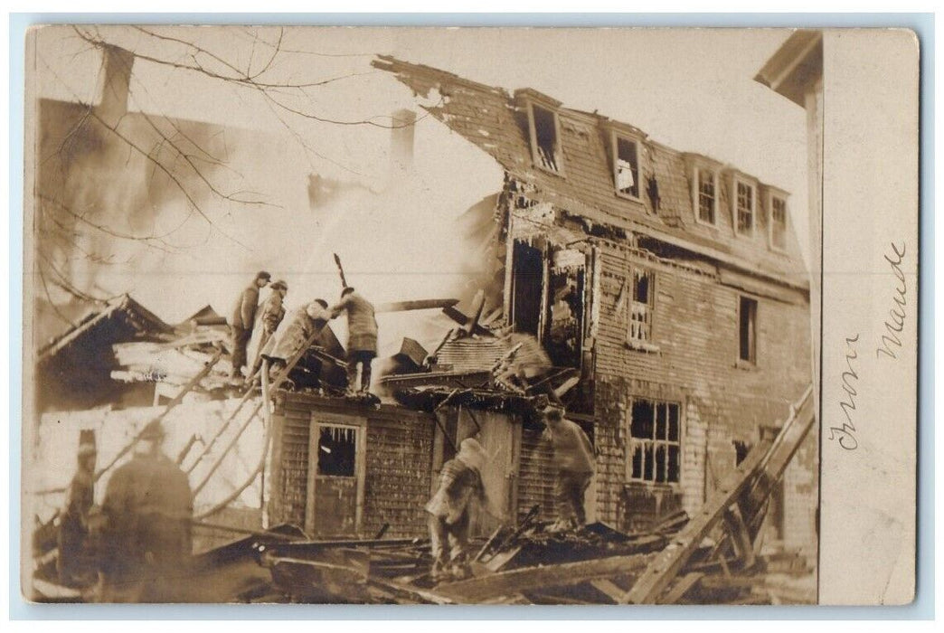 1907 House Fire Disaster Firemen Fireman Berwick Maine ME RPPC Photo Postcard