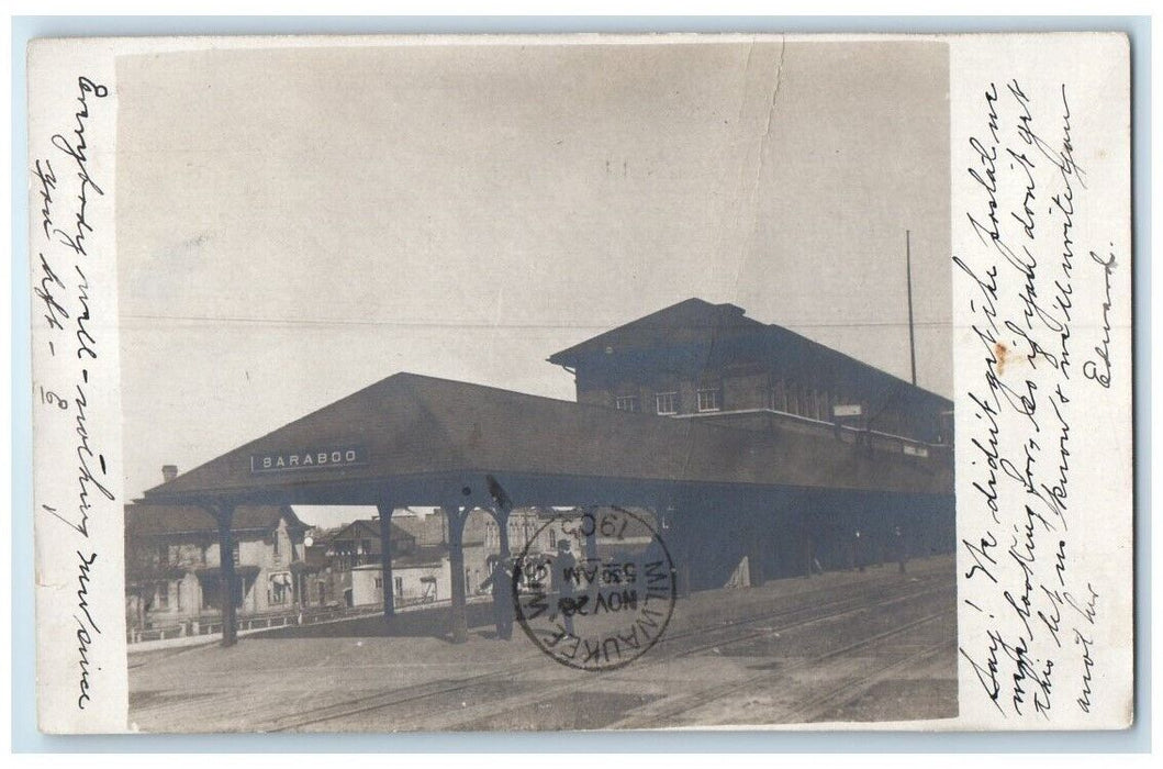 1906 RR Train Depot Conductor View Baraboo Wisconsin WI RPPC Photo Postcard