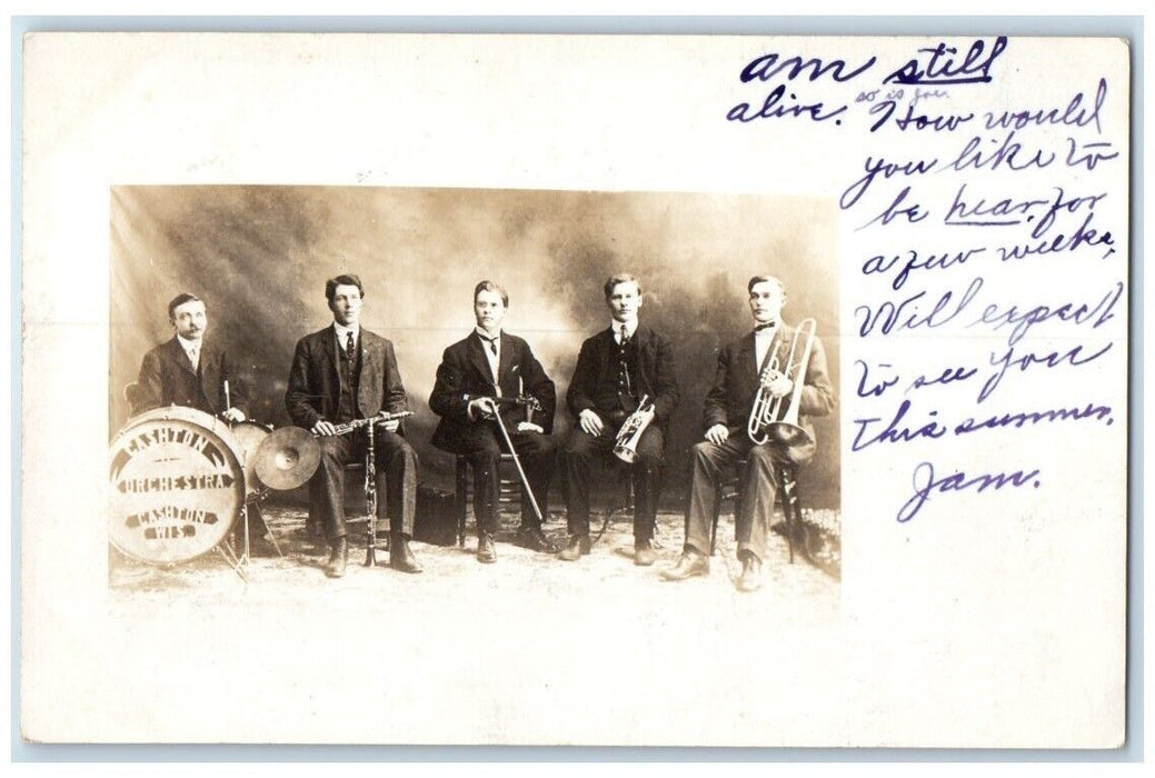 1907 Orchestra Band Instruments View Cashton Wisconsin WI RPPC Photo Postcard