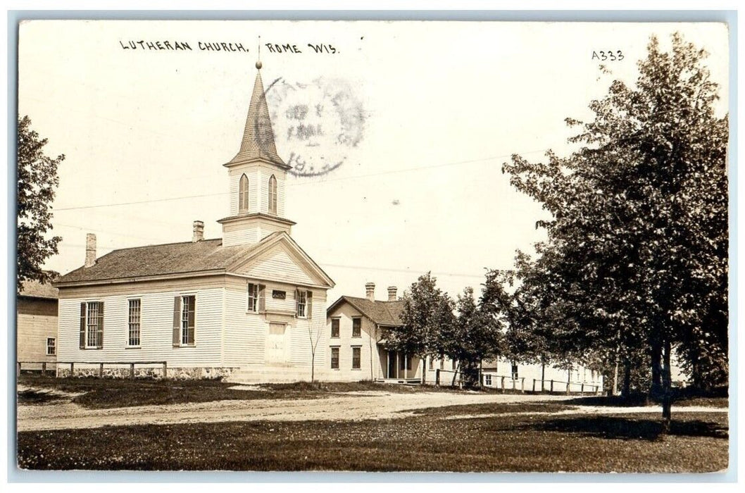 1913 Lutheran Church Steeple Building View Rome Wisconsin WI RPPC Photo Postcard