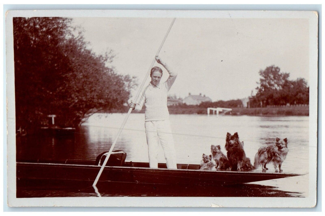 c1910's German Spitz Dog Canoeing England United Kingdom UK RPPC Photo Postcard