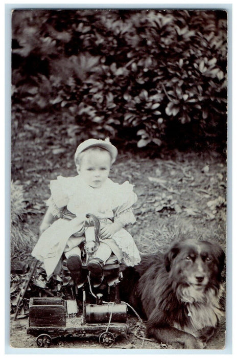 c1910s Little Girl Toy Train English Shepherd Dog England UK RPPC Photo Postcard