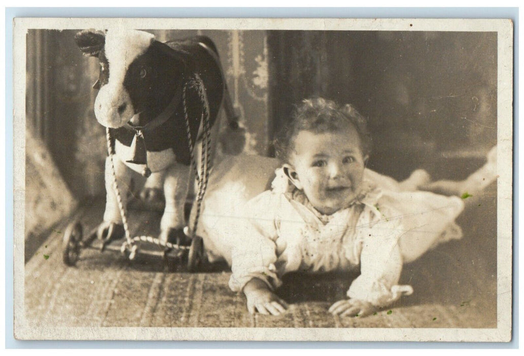 c1910's Cute Baby And Goat Toy England United Kingdom UK RPPC Photo Postcard