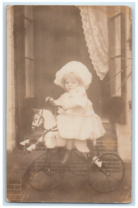 Little Girl Bicycle Horse Toy England United Kingdom UK RPPC Photo Postcard