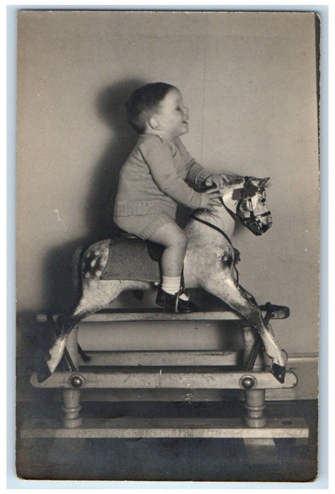 c1905 Toddler Boy Riding Horse Toy England United Kingdom UK RPPC Photo Postcard
