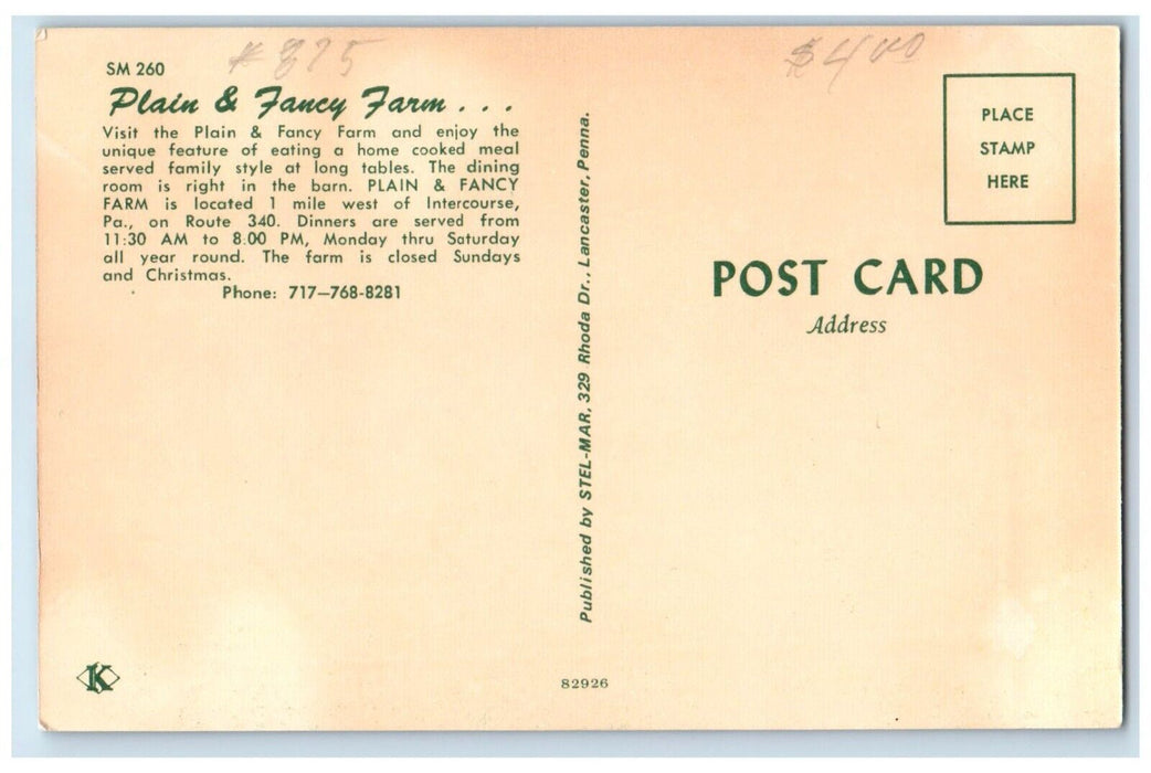 Plain & Fancy Farm Restaurant Dining Room Intercourse Pennsylvania PA Postcard