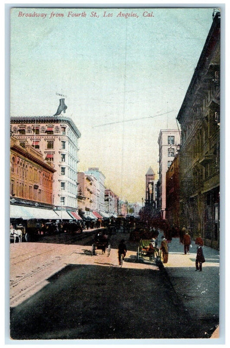 c1910 Busy Day Broadway Fourth St Buildings Los Angeles California CA Postcard