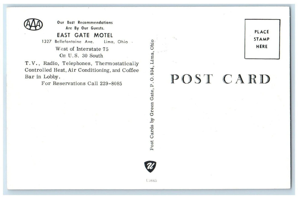 c1950's East Gate Motel Roadside Car Lima Ohio OH Unposted Vintage Postcard