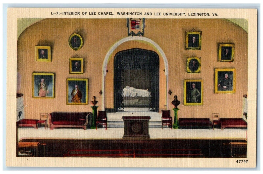 1940 Interior Lee Chapel Washington Lee Campus Lexington Virginia Linen Postcard