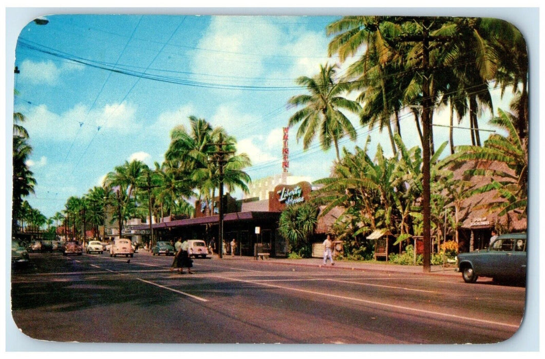 c1960 Scenic View Kalakaua Avenue Palm-Lined Road Street Waikiki Hawaii Postcard