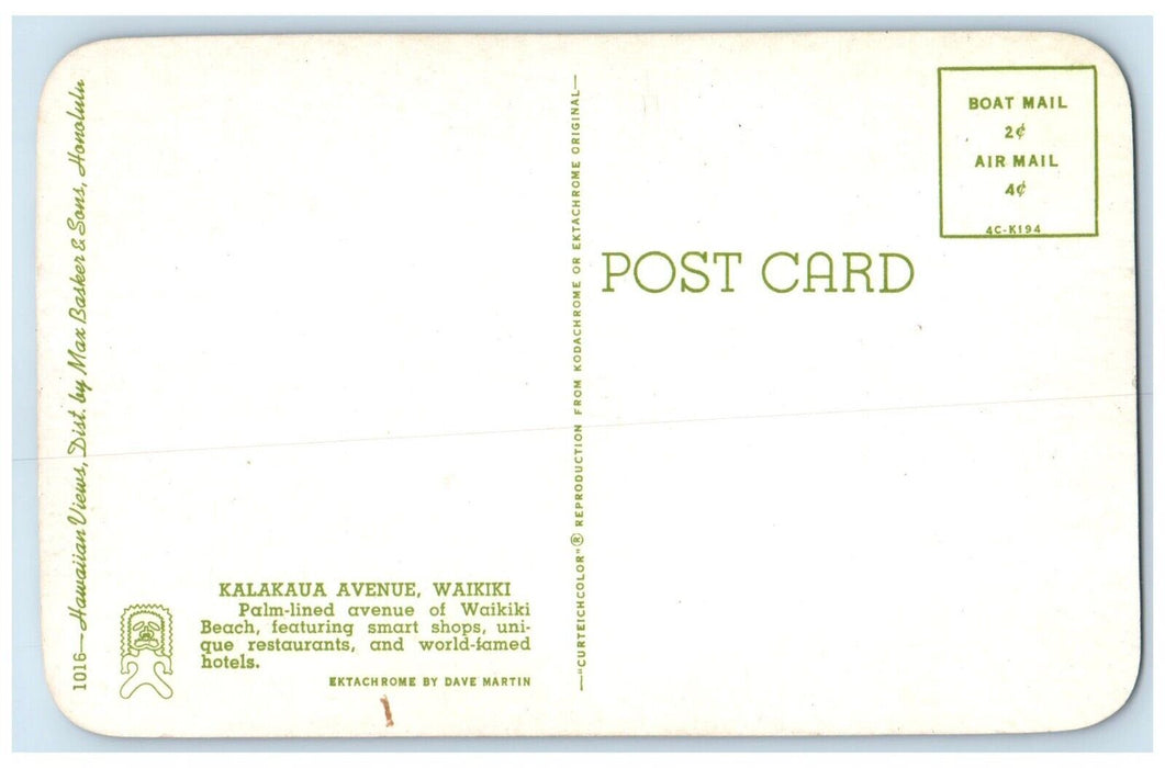 c1960 Scenic View Kalakaua Avenue Palm-Lined Road Street Waikiki Hawaii Postcard