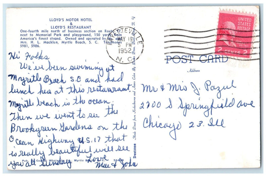1952 Lloyds Motor Hotel And Restaurant Myrtle Beach SC, Fayetteville NC Postcard