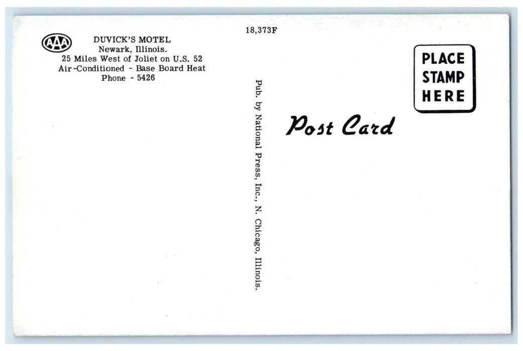 c1960's Duvick's Motel Roadside Newark Illinois IL Unposted Vintage Postcard