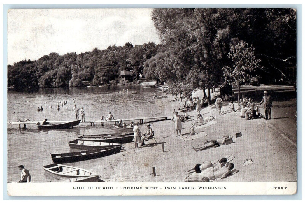 1940 Public Beach Looking West Twin Lakes Wisconsin WI Vintage Unposted Postcard