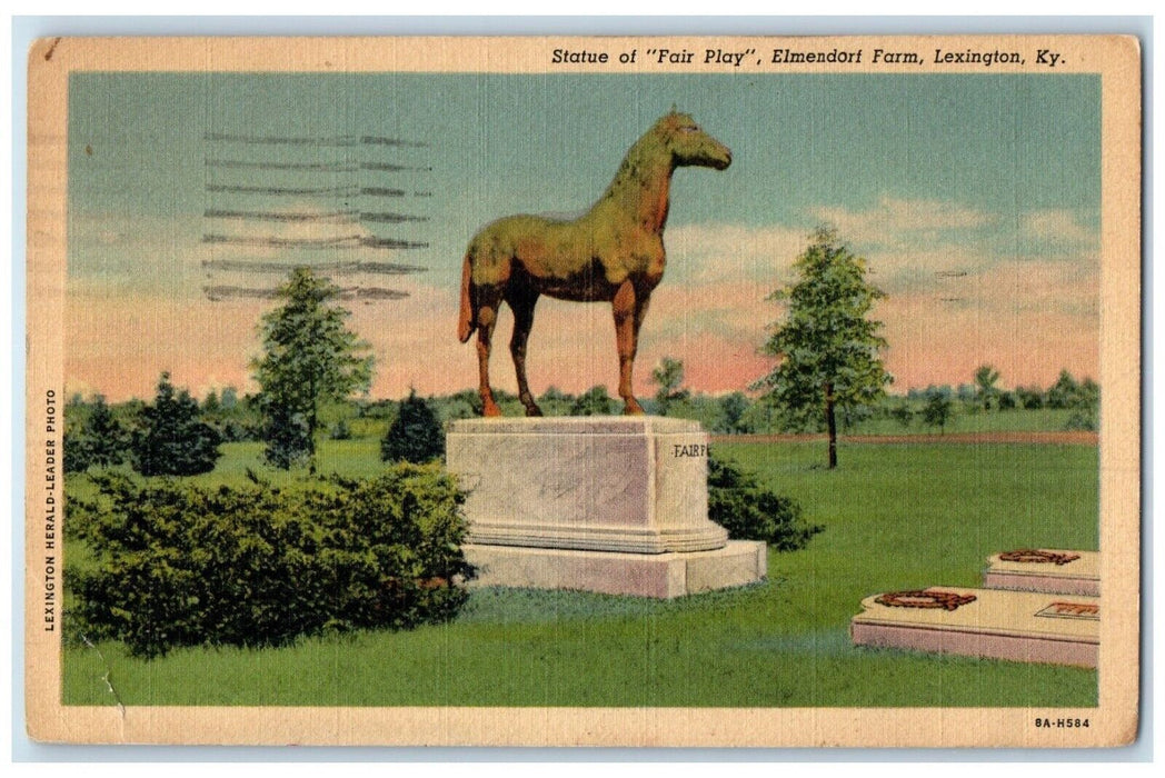 1941 Statue Fair Play Elemendori Farm Sculpture Lexington Kentucky KY Postcard