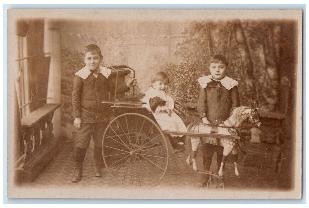 c1910's Children Toy Horse And Wagon England UK RPPC Photo Antique Postcard