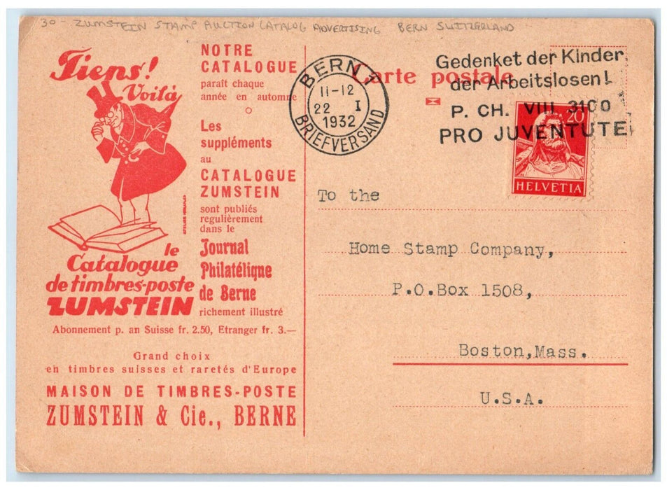1932 Zumstein Stamp Auction Catalog Advertising Bern Switzerland Posted Postcard