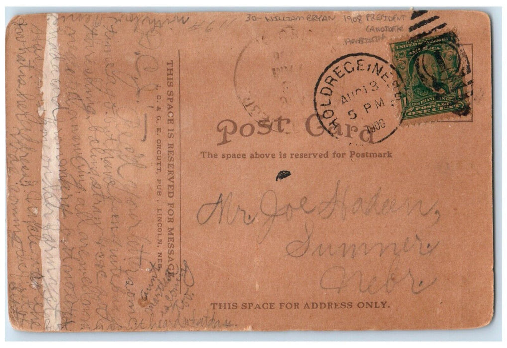 1908 William Bryan President Candidate Advertising Holdrege Nebraska NE Postcard
