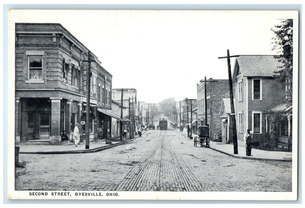 c1910's Second Street Drugs Store Buildings Trolley Byesville Ohio OH Postcard
