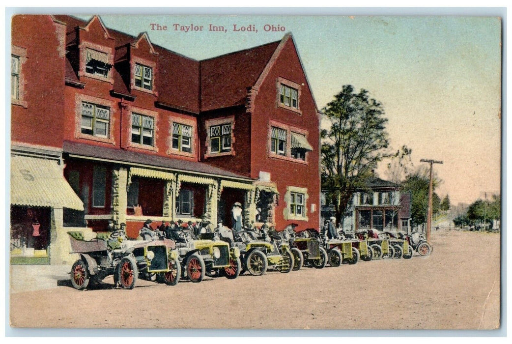 1909 The Taylor Inn Motel Hotel Cars Scene Street Lodi Ohio OH Antique Postcard