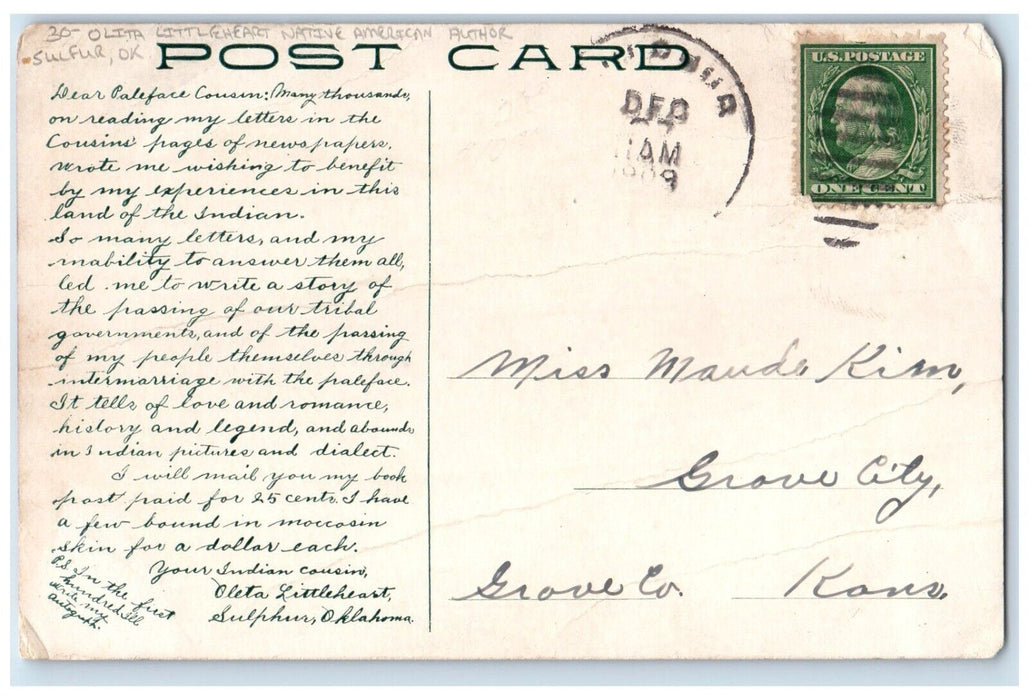 1908 Olita Littleheart Native American Author Sulfur Oklahoma OK Posted Postcard