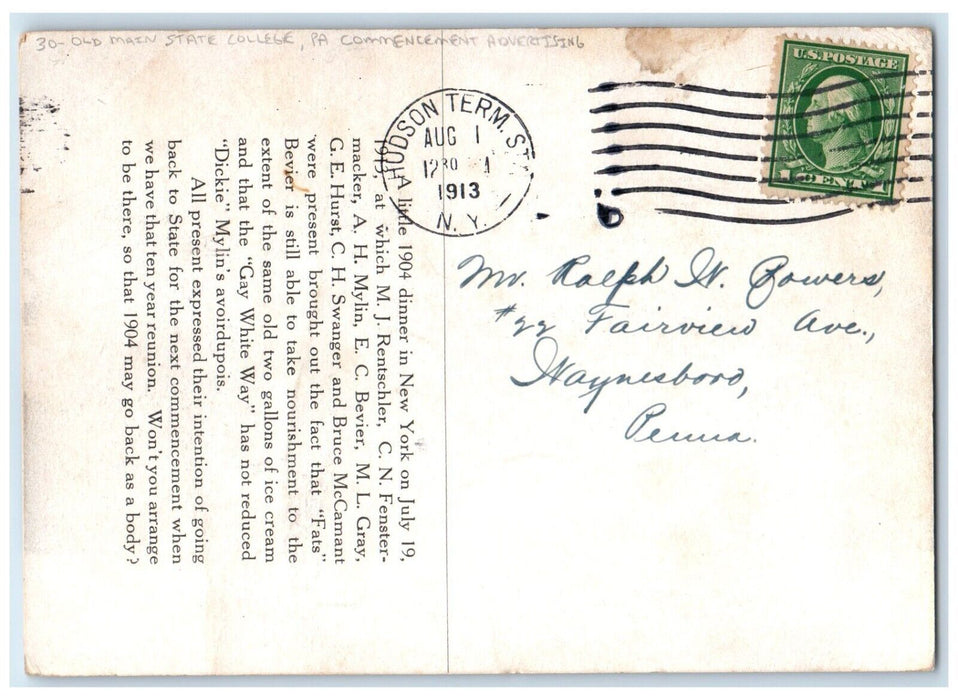 1913 Old Main State College PA Commencement Advertising Hudson NY Postcard