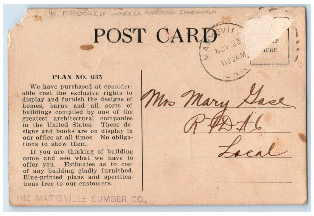 c1910's Marysville Lumber Co. Construction Advertising Marysville OH Postcard