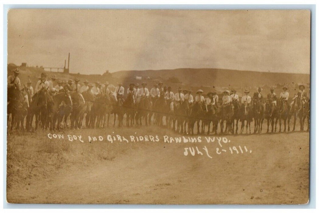 1911 Cowboys Cowgirls Riders Horses Rawlins Wyoming WY RPPC Photo Postcard
